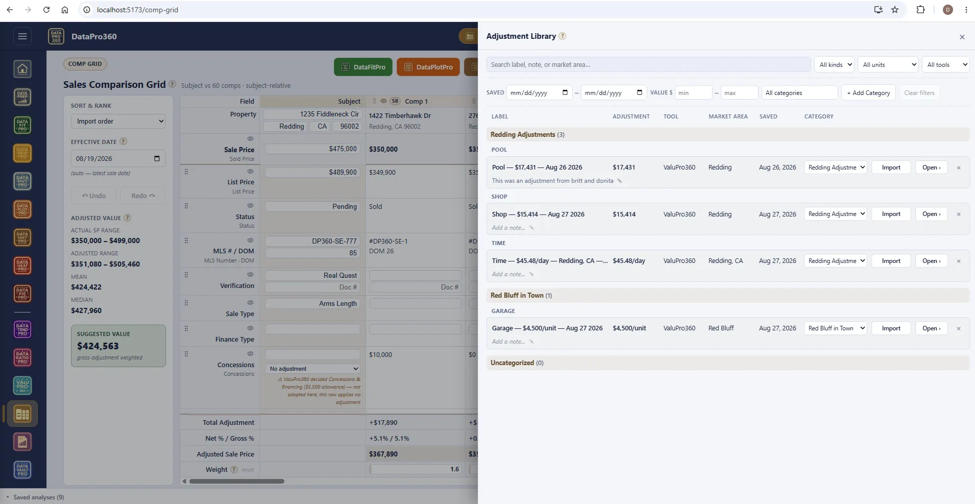 The Adjustment Library panel open over the Comp Grid, listing saved adjustments by category and kind.