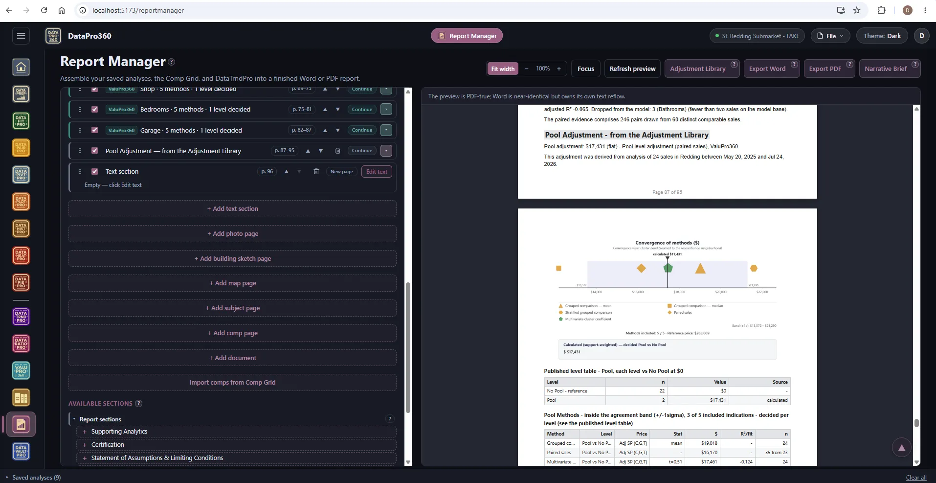 An imported Adjustment Library section landed in the Report Manager outline.
