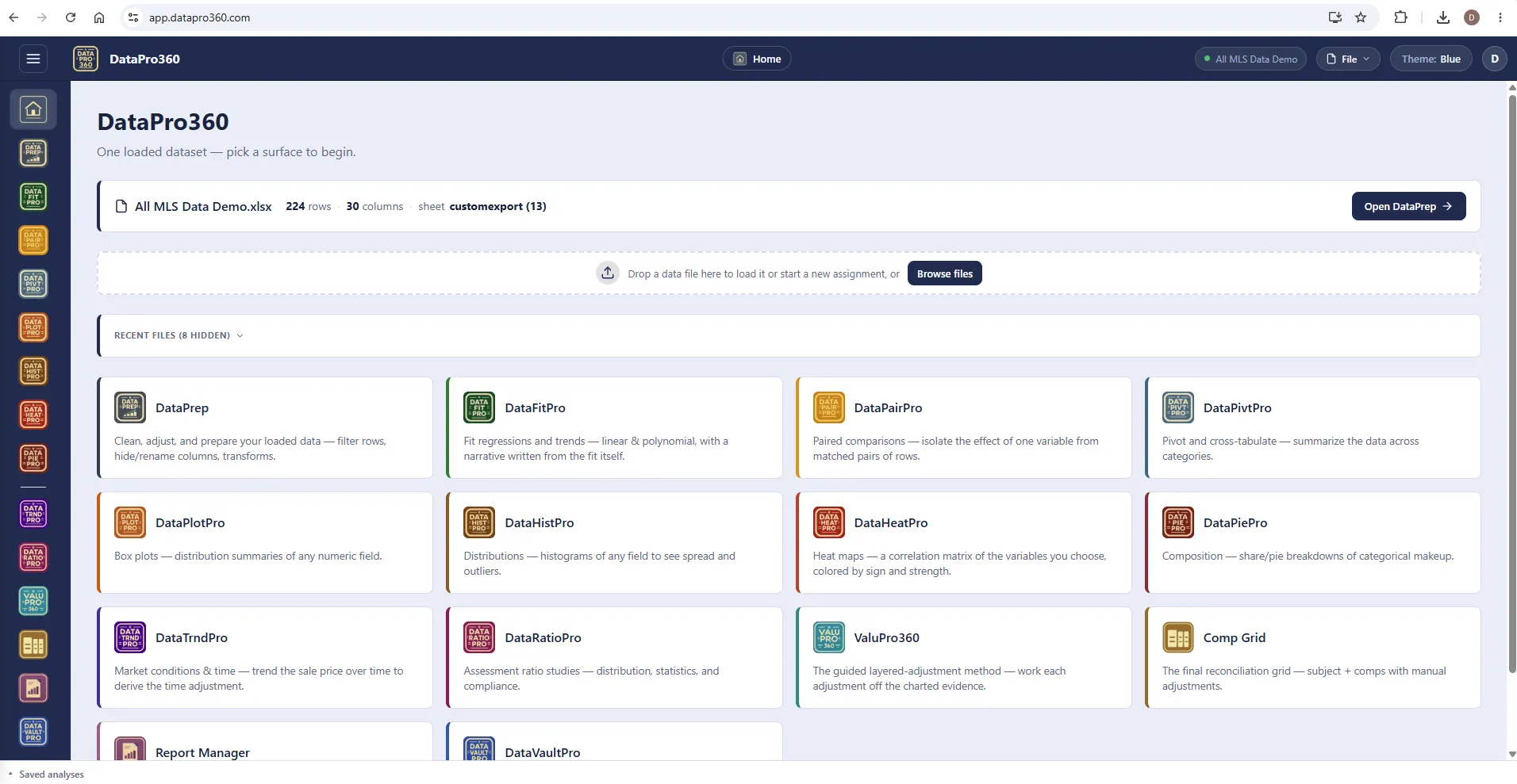 The DataPro360 Home launcher in the Blue theme: navy chrome over a light blue workspace, the loaded dataset strip, and the tool cards.
