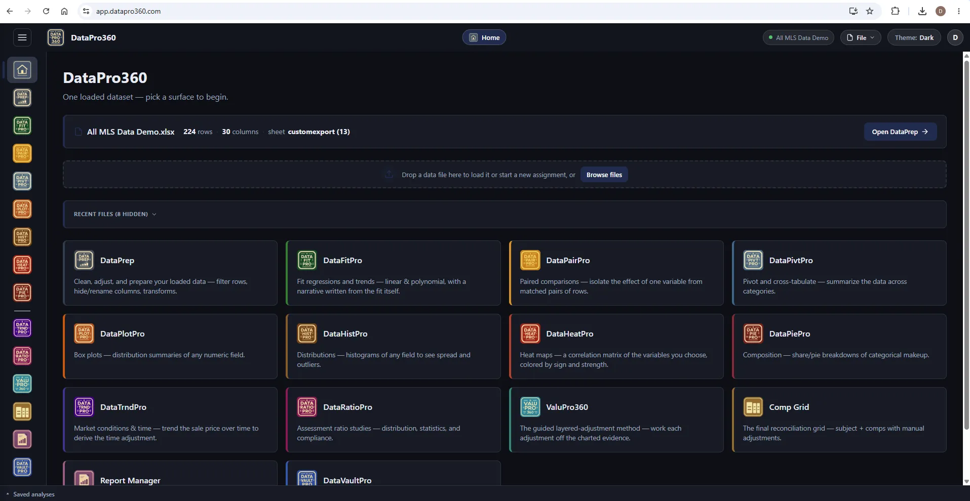 The DataPro360 Home launcher in the Dark theme: near-black chrome and workspace with the tool cards in their accent colors.