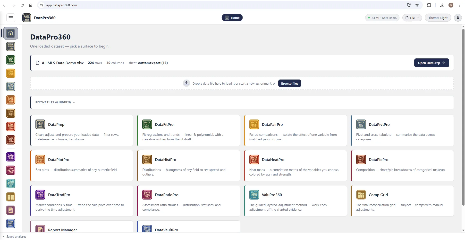 The DataPro360 Home launcher in the Light theme: white chrome and a neutral workspace with the same tool cards.
