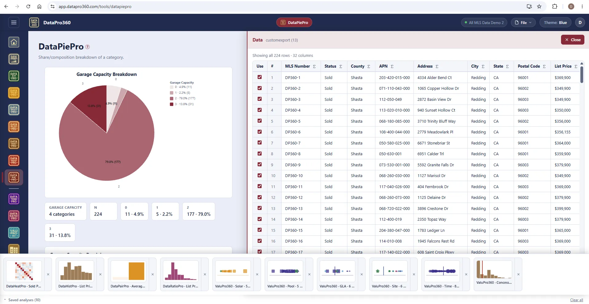 DataPiePro with the garage-capacity pie, the statistics strip of four categories with counts and shares, the Show Data panel listing all 224 rows, and a tray of ten saved analyses along the bottom.