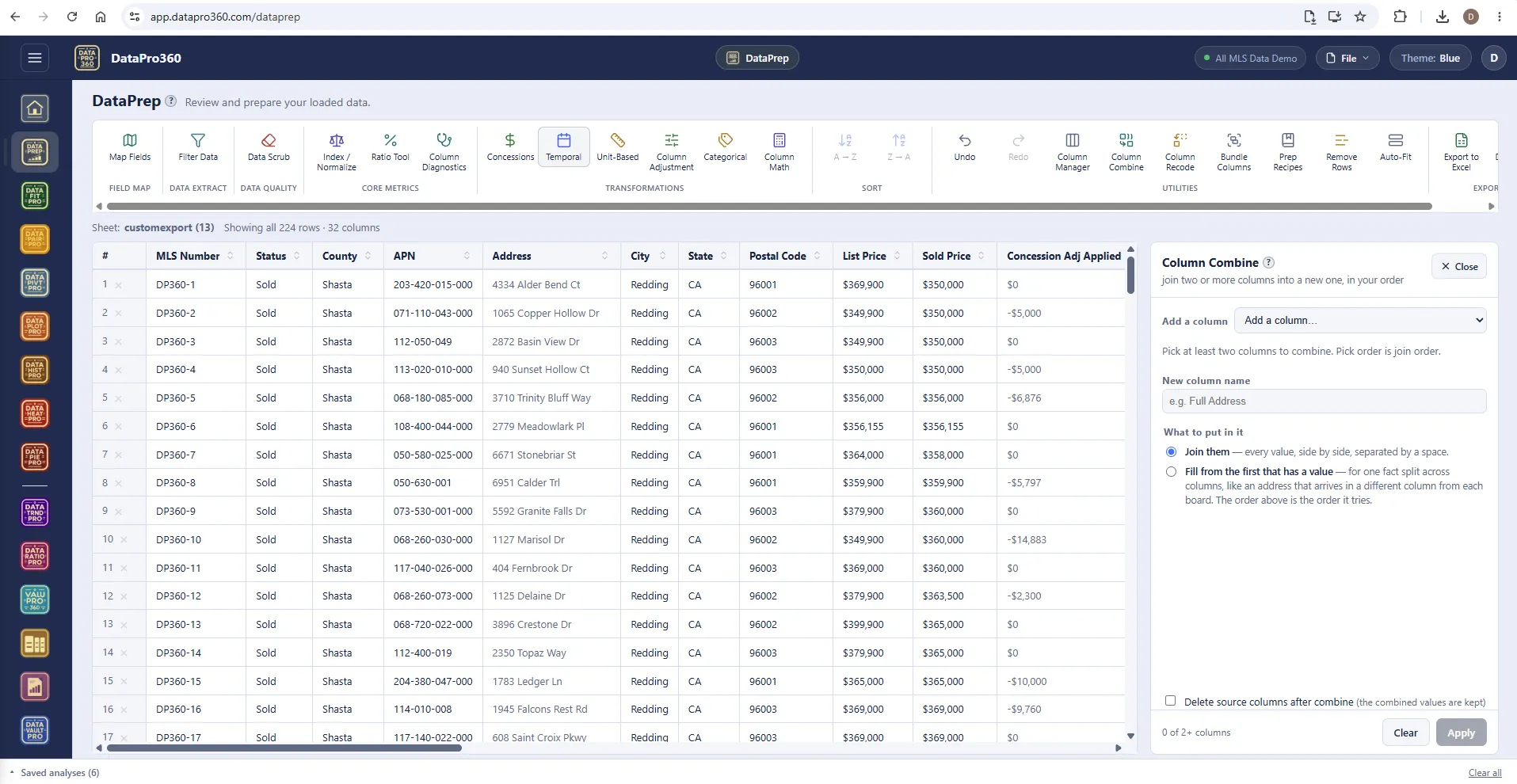 DataPrep with the Column Combine panel open: add columns to combine, name the new column, and choose between joining every value side by side or filling from the first column that has a value.