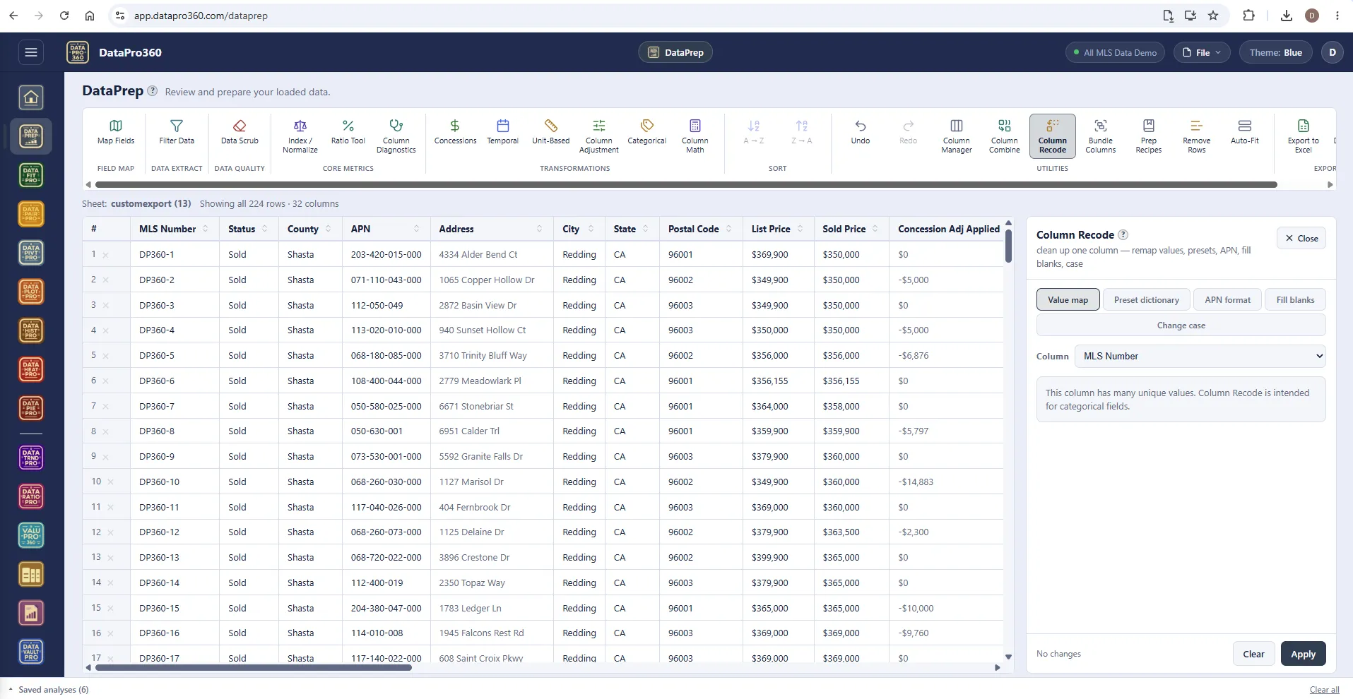 DataPrep with the Column Recode panel open, showing its modes — value map, preset dictionary, APN format, fill blanks, change case — and a column picker.