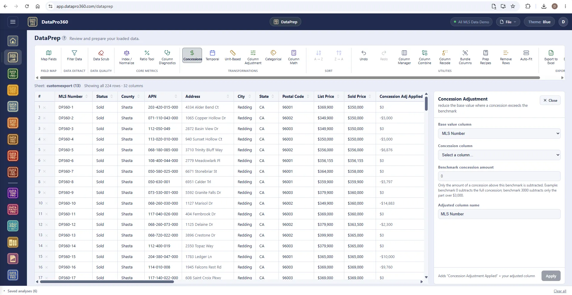 DataPrep with the Concession Adjustment panel open: base value column, concession column, benchmark concession amount, adjusted column name, and the note that only the amount above the benchmark is subtracted.