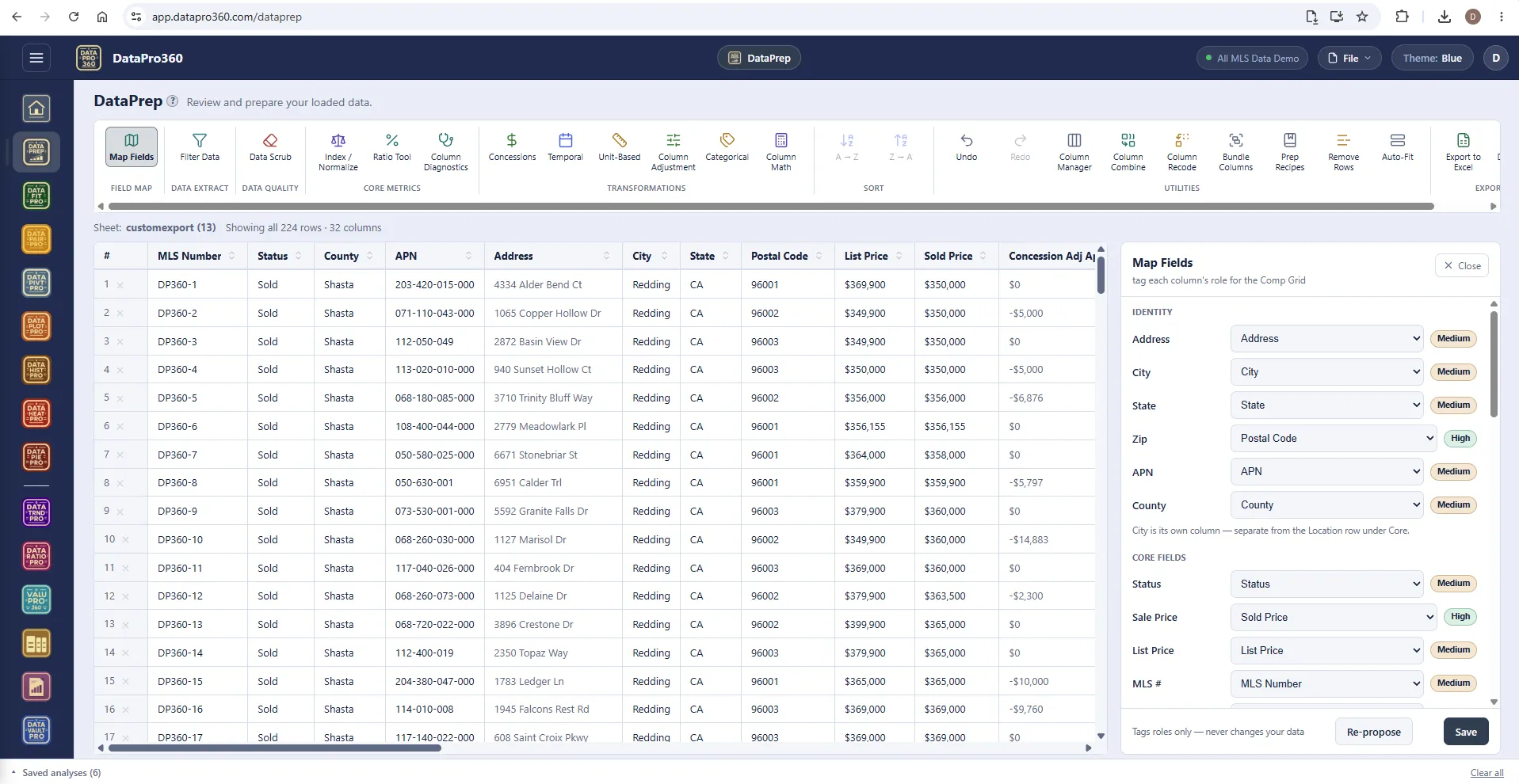DataPrep with the Map Fields panel open, each role matched to a column with a confidence badge.