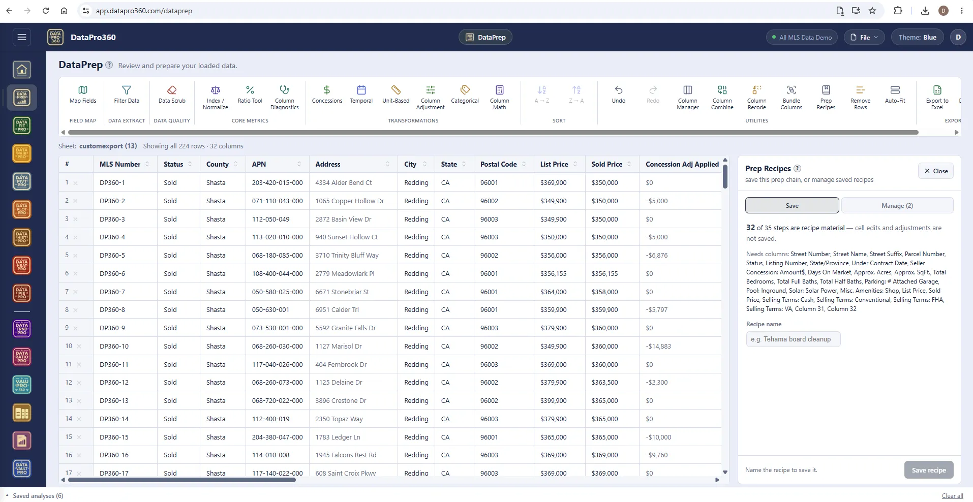 DataPrep with the Prep Recipes panel open: Save and Manage tabs, a note that 32 of 35 steps are recipe material because cell edits and adjustments are not saved, the columns the recipe needs, and a recipe name field.