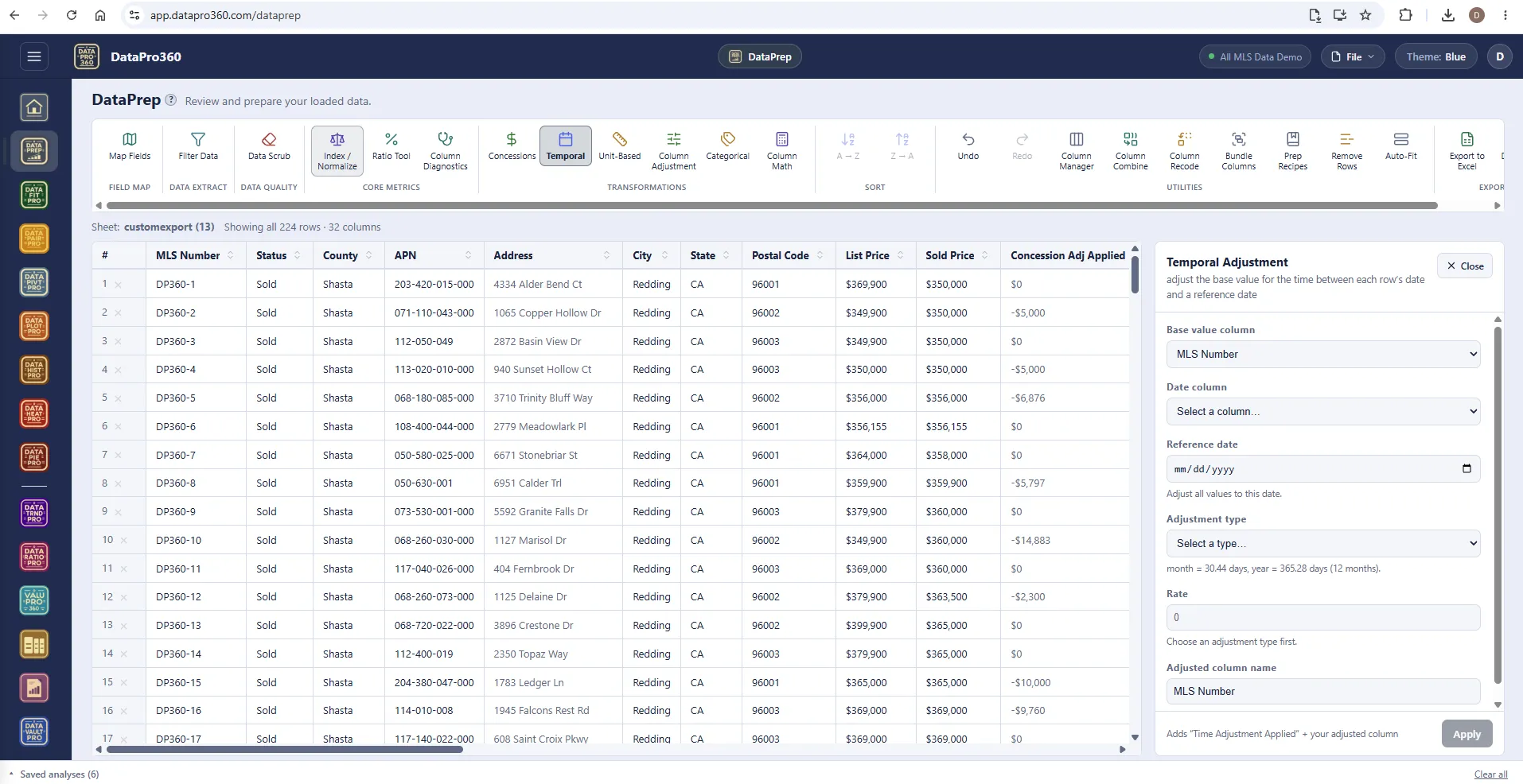 DataPrep with the Temporal Adjustment panel open: base value column, date column, reference date, adjustment type, rate, and adjusted column name, with the note that it adds a Time Adjustment Applied column.