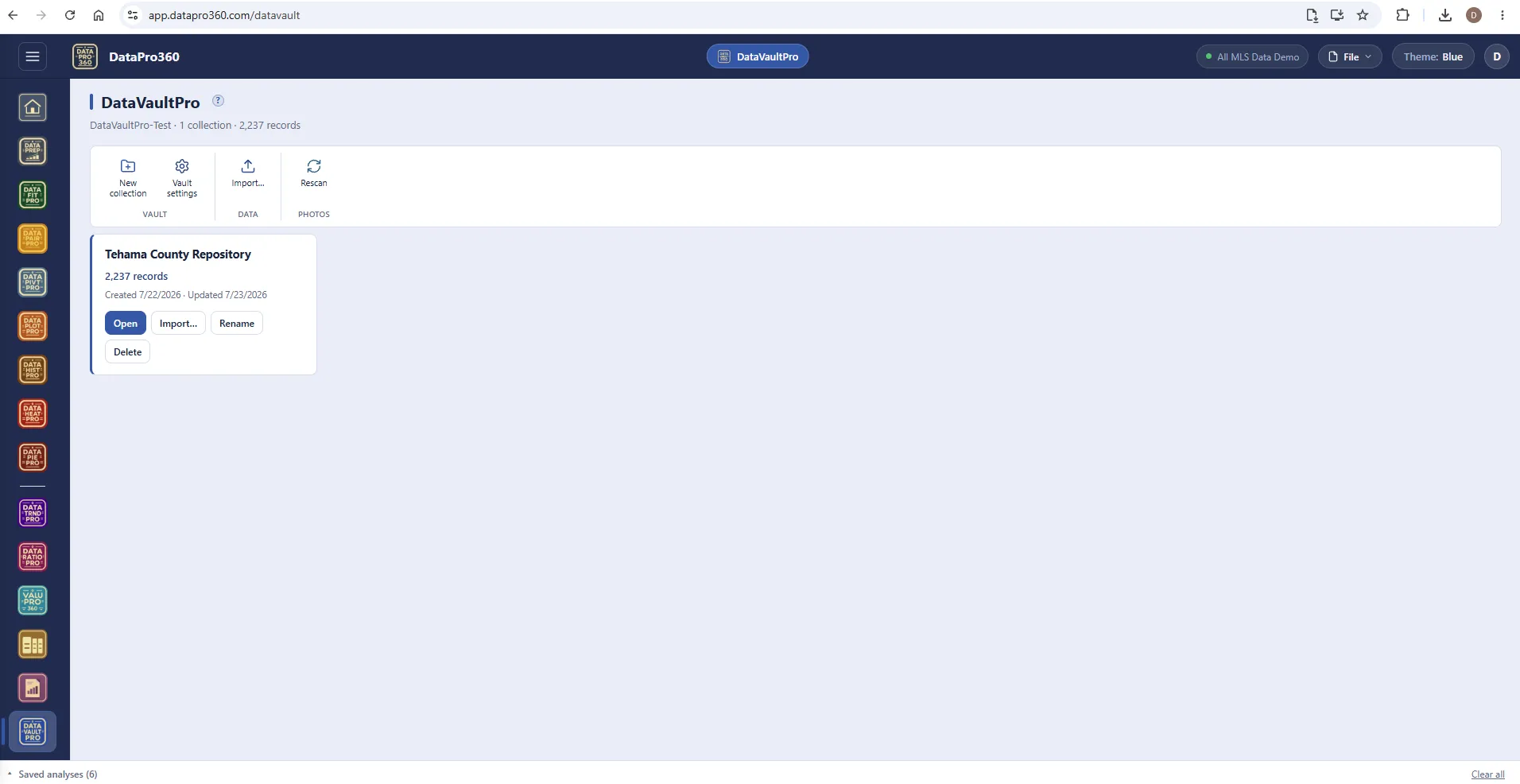 DataVaultPro in the Blue theme: the vault toolbar (new collection, vault settings, import, rescan) and a collection card for a county repository holding 2,237 records with open, import, rename and delete actions.
