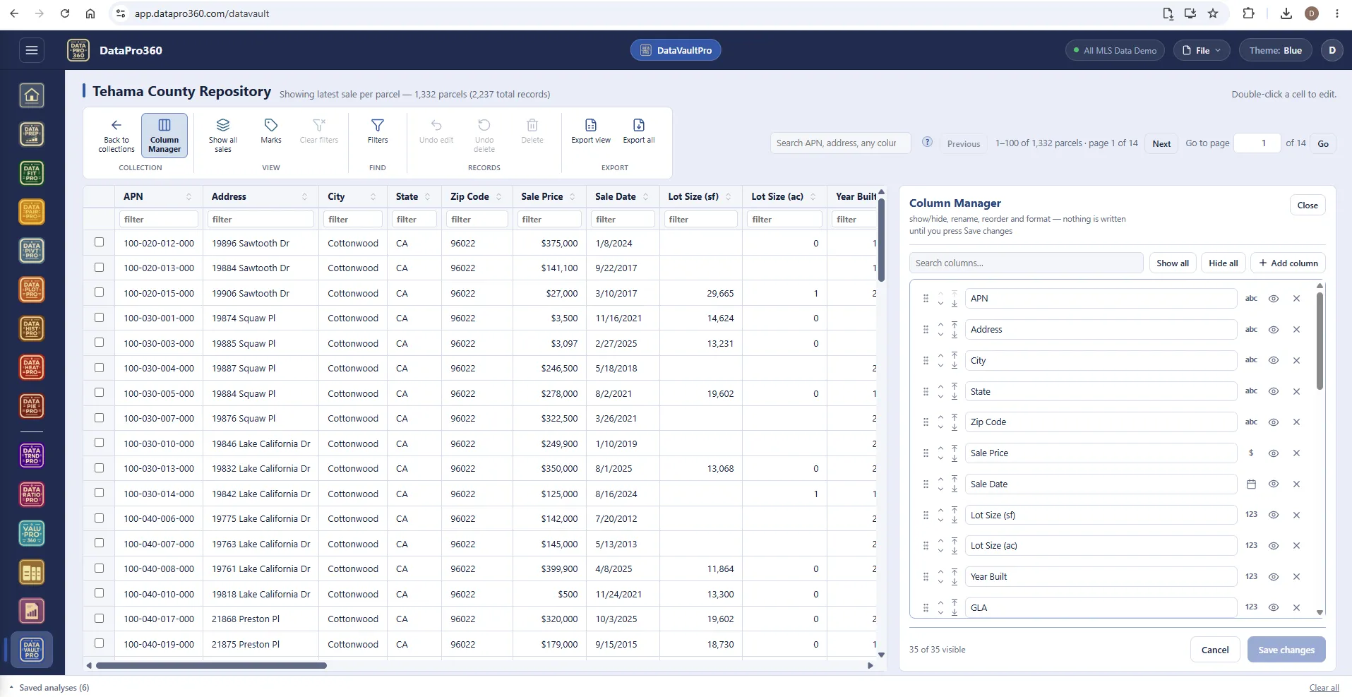 The DataVaultPro Column Manager panel open over a county repository: each column with drag handles, a rename field, a type badge (abc, $, date, 123), a visibility toggle and a remove control, with 35 of 35 visible and Cancel / Save changes at the foot.