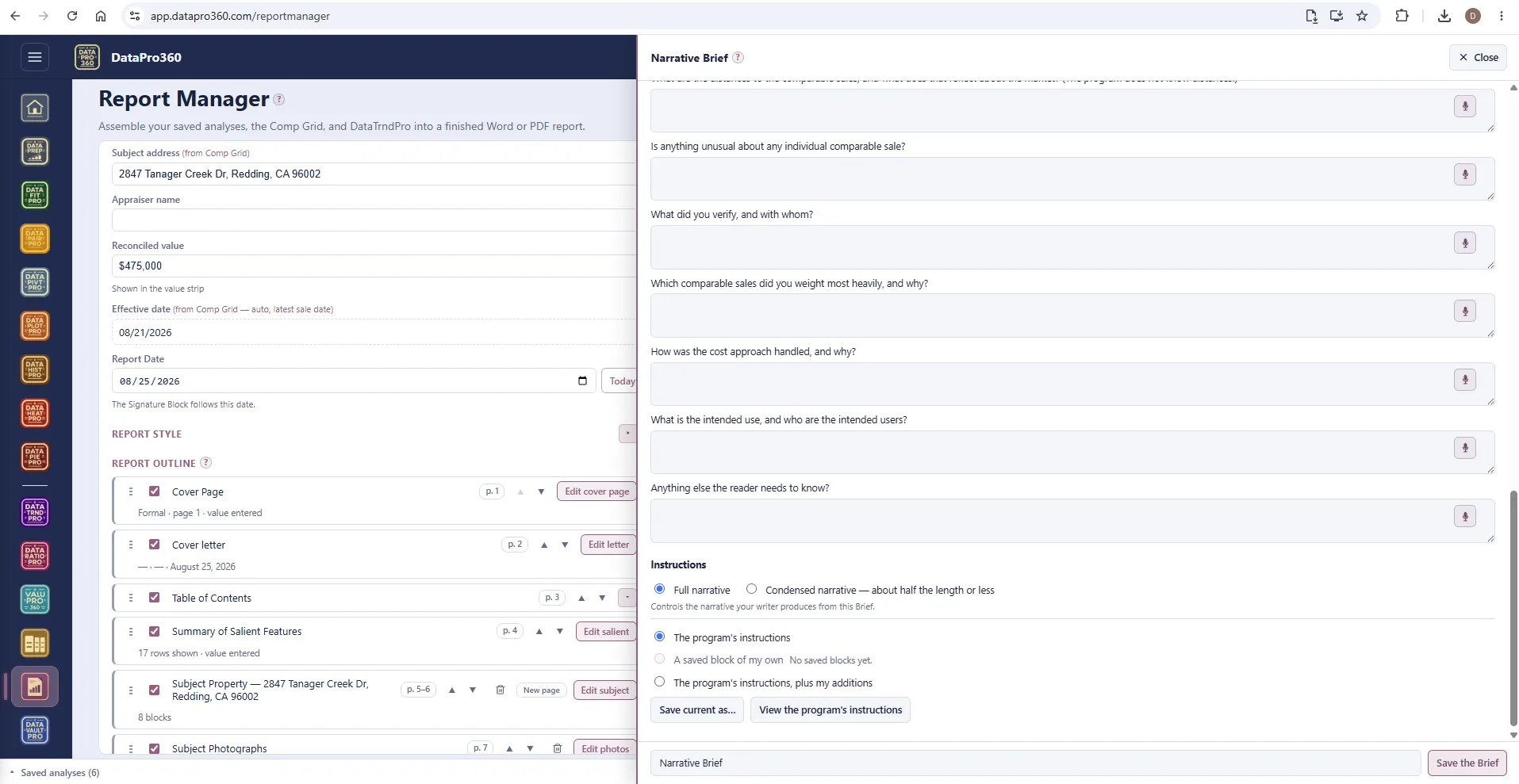 The end of the Narrative Brief panel: the remaining observation prompts, the Instructions choice between full and condensed narrative, the choice of the program's instructions, a saved block or both, and the Save the Brief button.