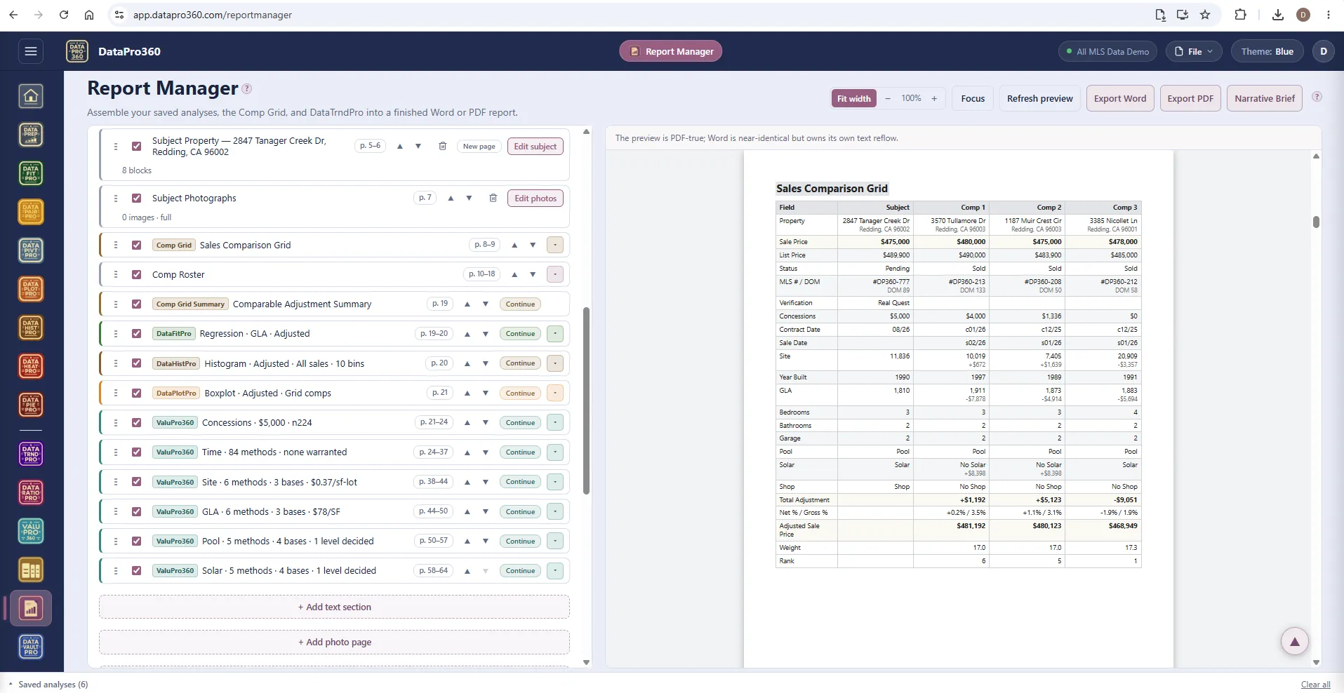 Report Manager in the Blue theme: the report outline down the left with the subject property, subject photographs, sales comparison grid, comp roster, adjustment summary and saved analyses each with page ranges, and the PDF-true preview of the sales comparison grid page on the right.