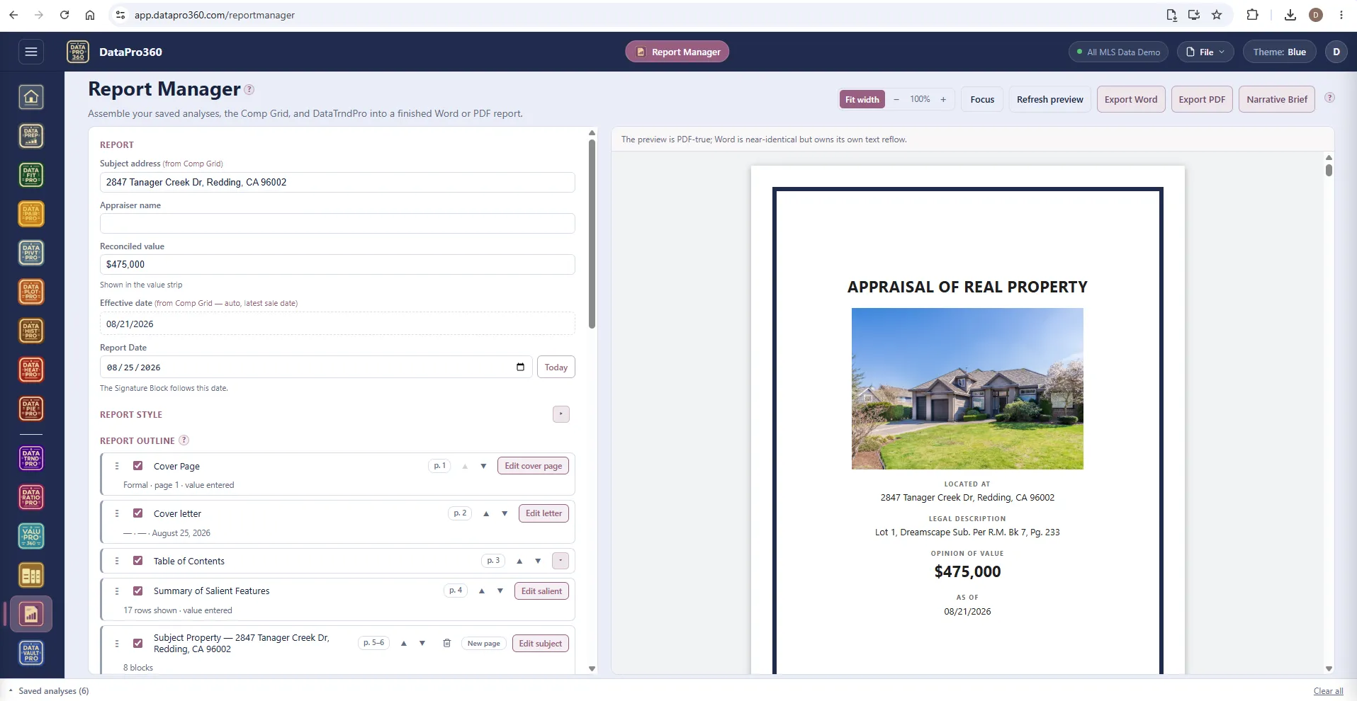 Report Manager in the Blue theme: the report outline down the left — cover page, cover letter, table of contents, summary of salient features, subject property — and the PDF-true preview of a formal cover page on the right with the property photo, address, legal description, opinion of value, and effective date.