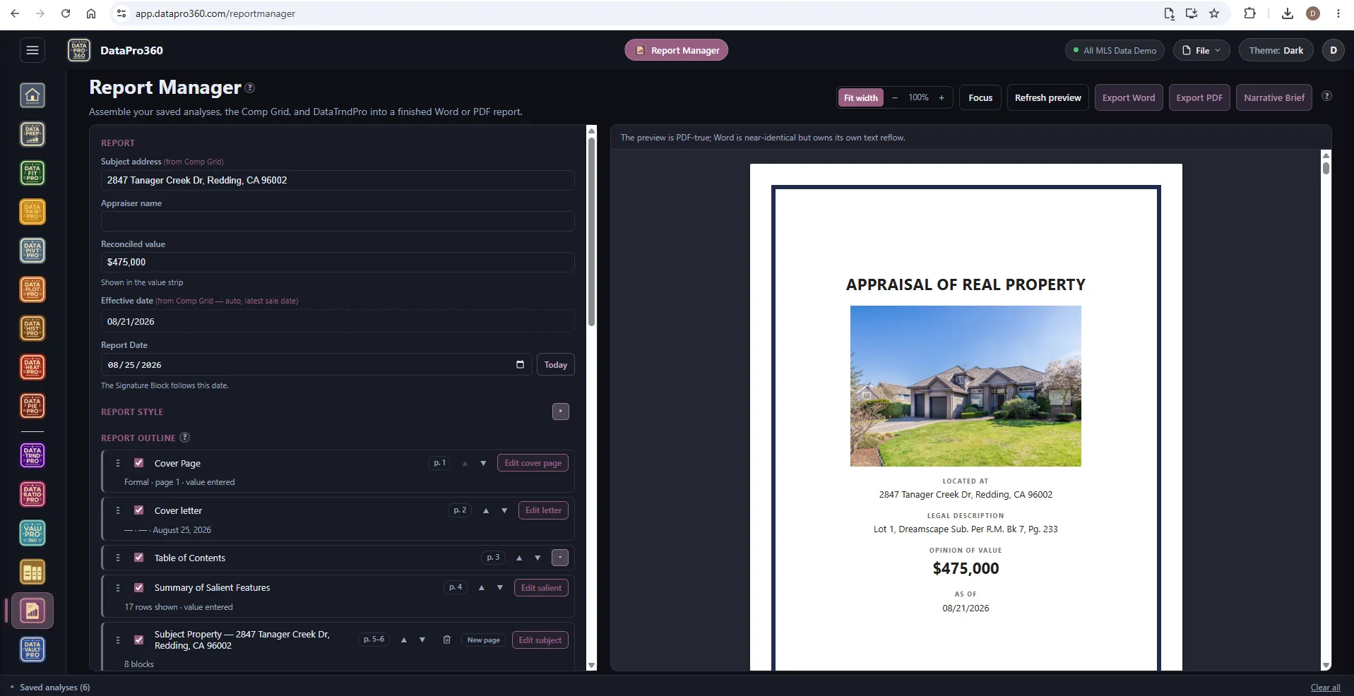Report Manager in the Dark theme: the report fields and outline on the left and the PDF-true preview of a formal appraisal cover page with the property photo, address, legal description, opinion of value and effective date.
