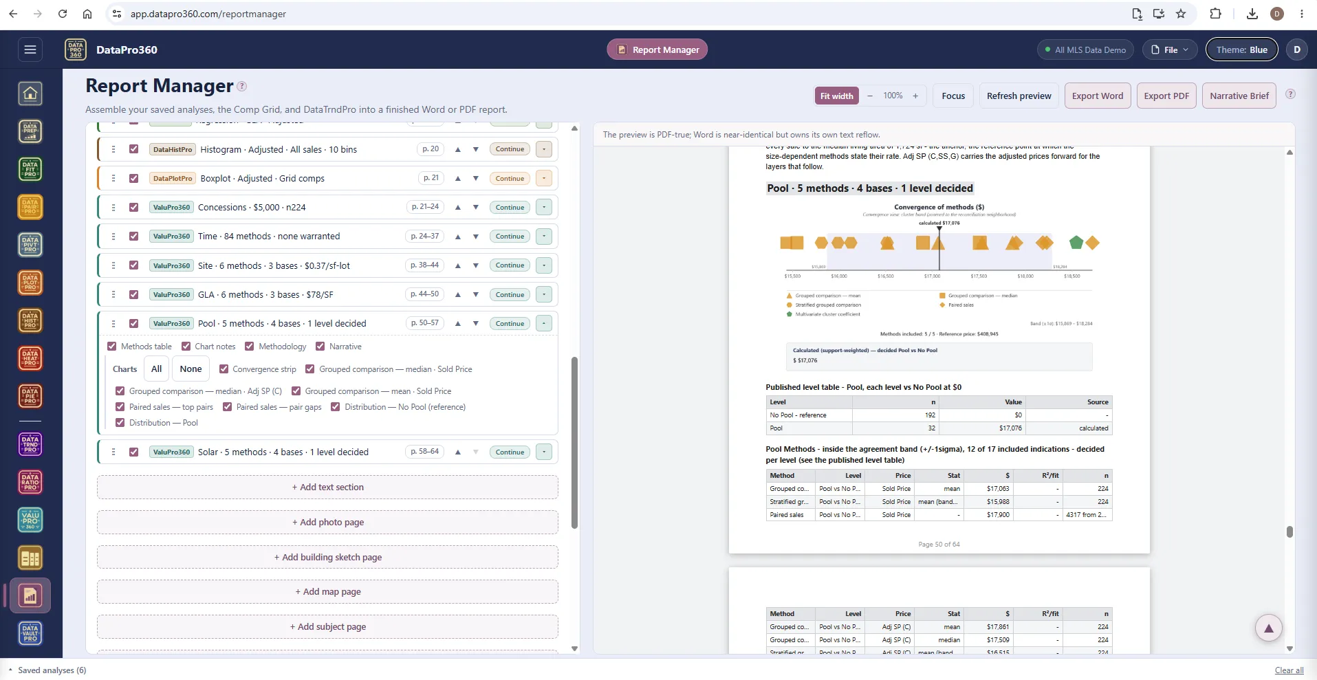 Report Manager with the ValuPro360 Pool section expanded to its chart checklist, and the preview page carrying the convergence strip, the calculated support-weighted value, the published level table and the methods table, page 50 of 64.