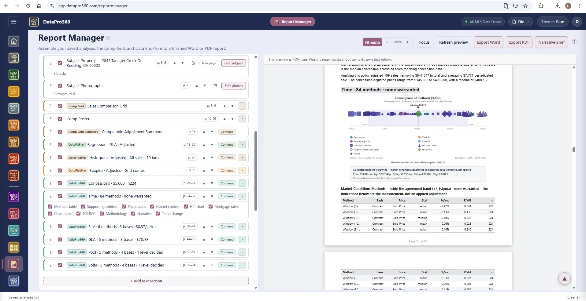 Report Manager with the ValuPro360 Time section expanded in the outline showing its layer toggles, and the preview page carrying the convergence-of-methods strip, the calculated market-conditions adjustment and the start of the methods table, page 24 of 64.