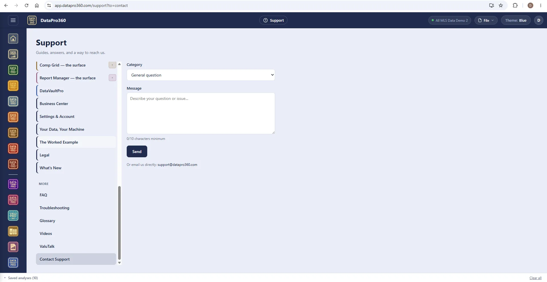 The Support Contact page: a category selector, a message field, a Send button, and the note to email support@datapro360.com directly.