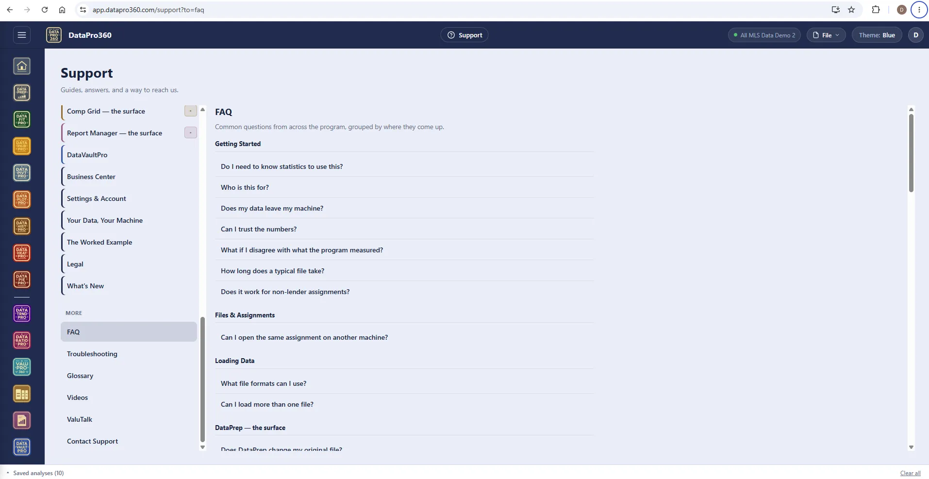 The Support FAQ: common questions grouped by Getting Started, Files & Assignments, Loading Data and DataPrep, each a link to its entry.