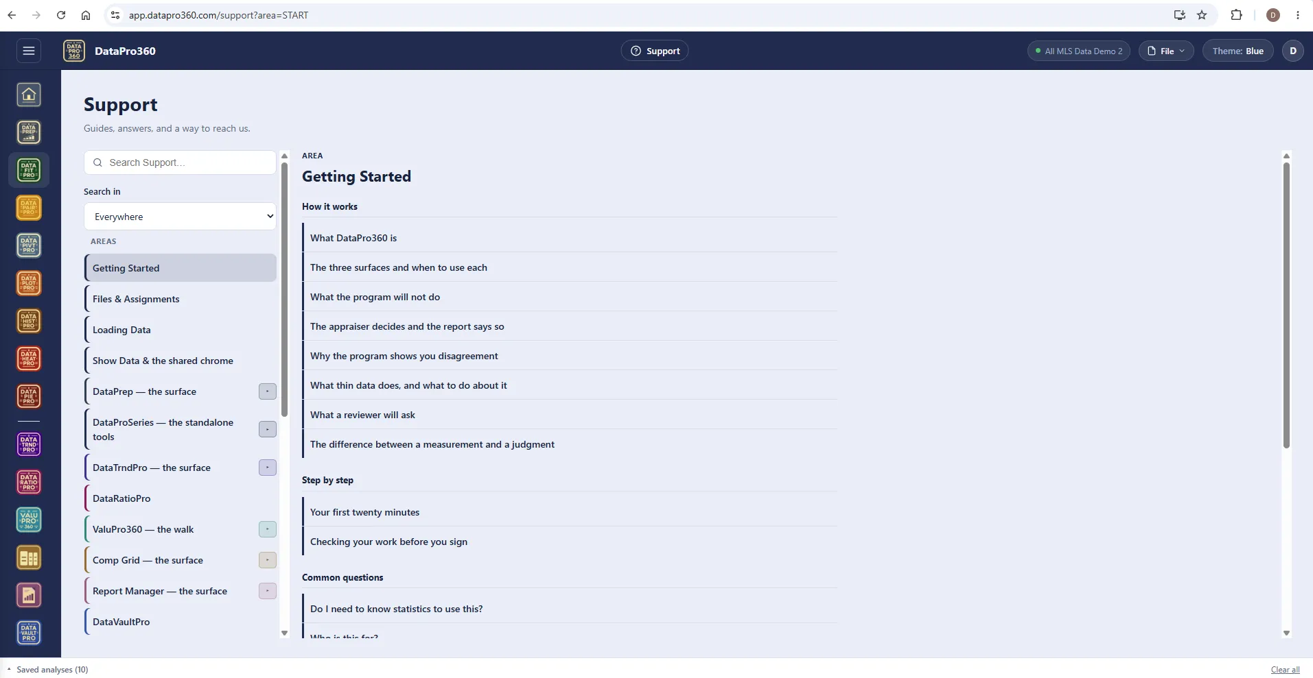 The DataPro360 Support surface, Getting Started area: a searchable list of areas down the left and entries on the right — what DataPro360 is, the three surfaces and when to use each, what the program will not do, the appraiser decides and the report says so, and what a reviewer will ask.