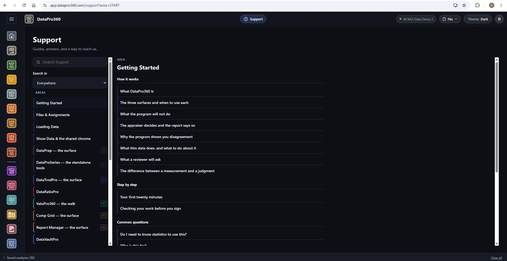 The Support surface in the Dark theme, the Getting Started area open: how it works, step by step and common questions.