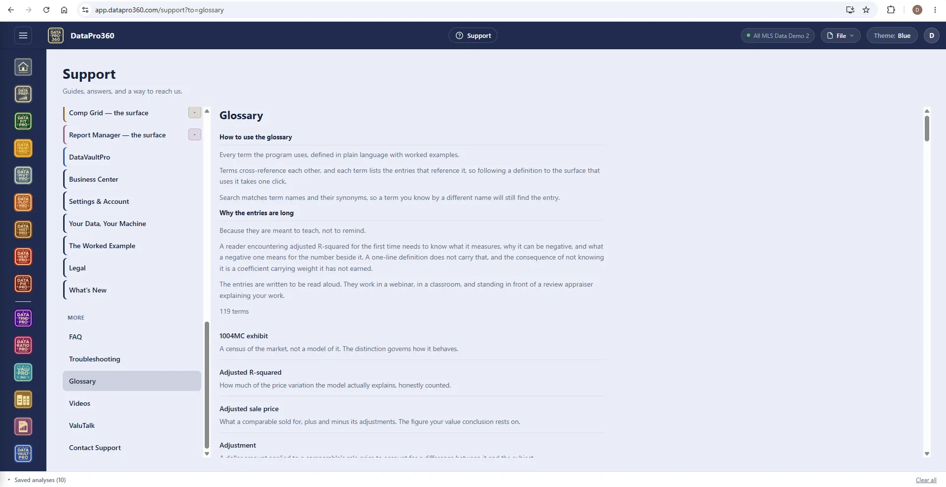 The Support glossary: how to use it, why the entries are long, the count of 119 terms, and the first entries — 1004MC exhibit, adjusted R-squared, adjusted sale price, adjustment.
