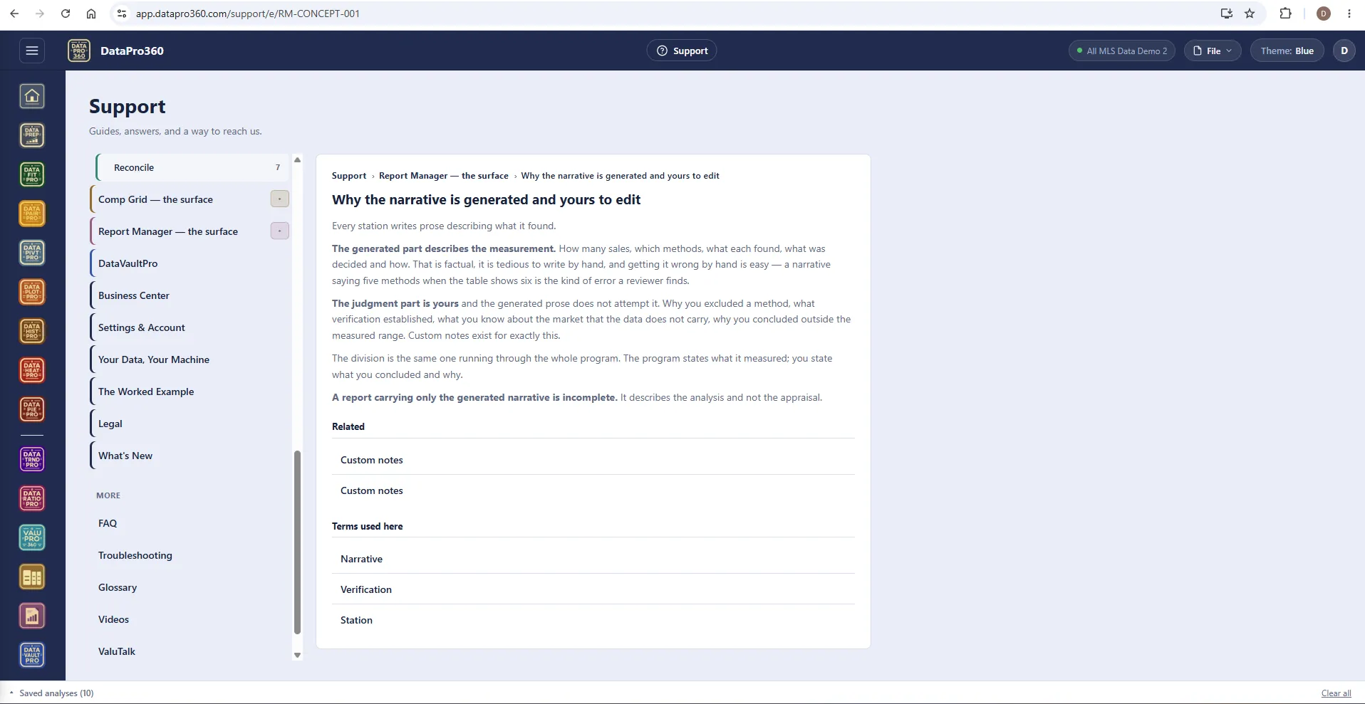 The Support entry "Why the narrative is generated and yours to edit" under Report Manager, with related entries on custom notes and the terms narrative, verification and station.