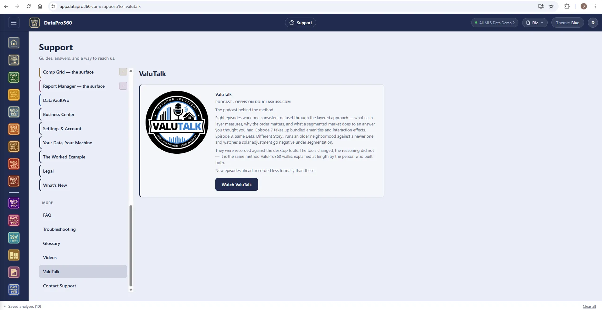 The Support ValuTalk page: the ValuTalk podcast badge and its description — eight episodes working one dataset through the layered approach — with a Watch ValuTalk button.