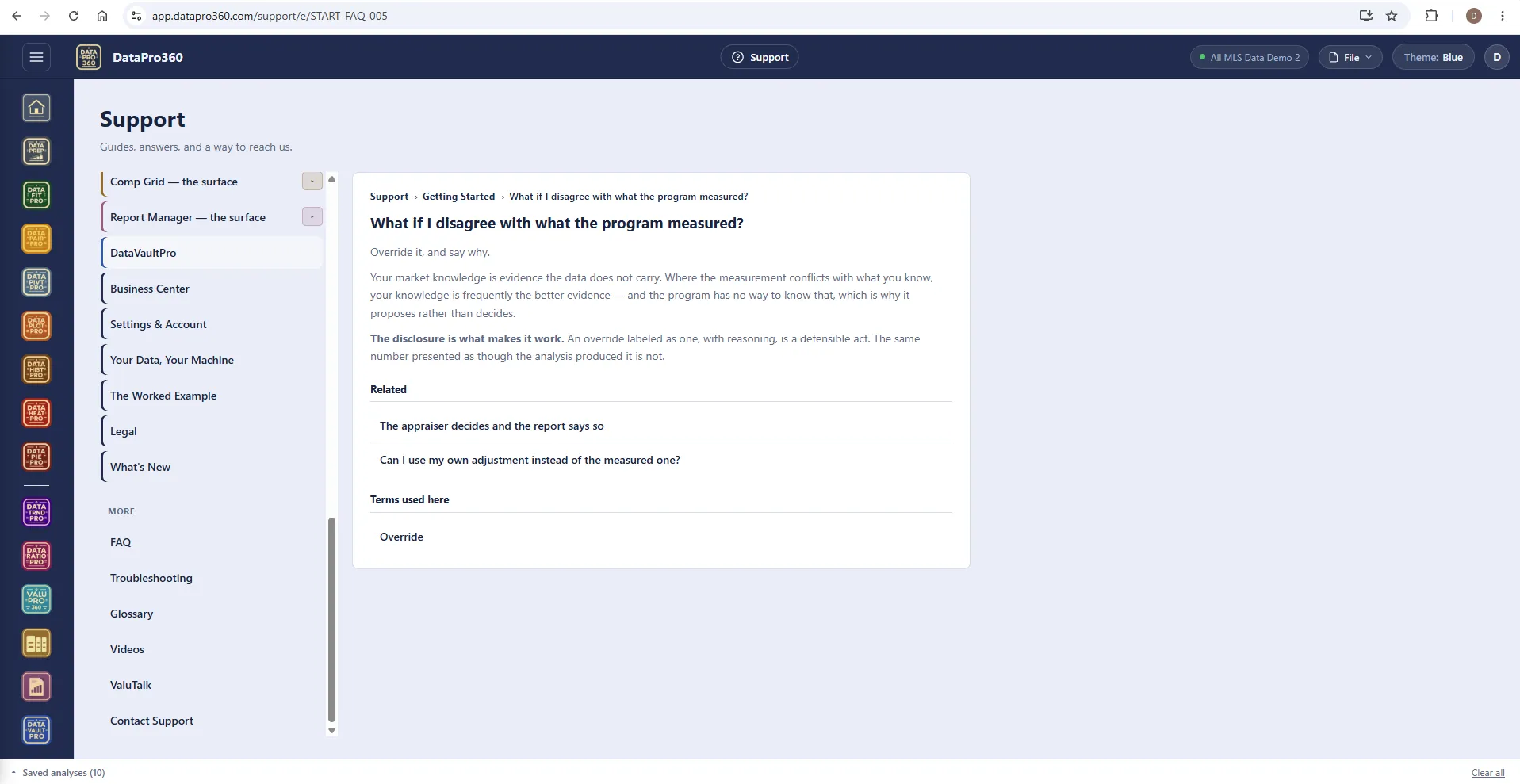The Support entry "What if I disagree with what the program measured?" — override it and say why, with the disclosure explained — beside the areas list.