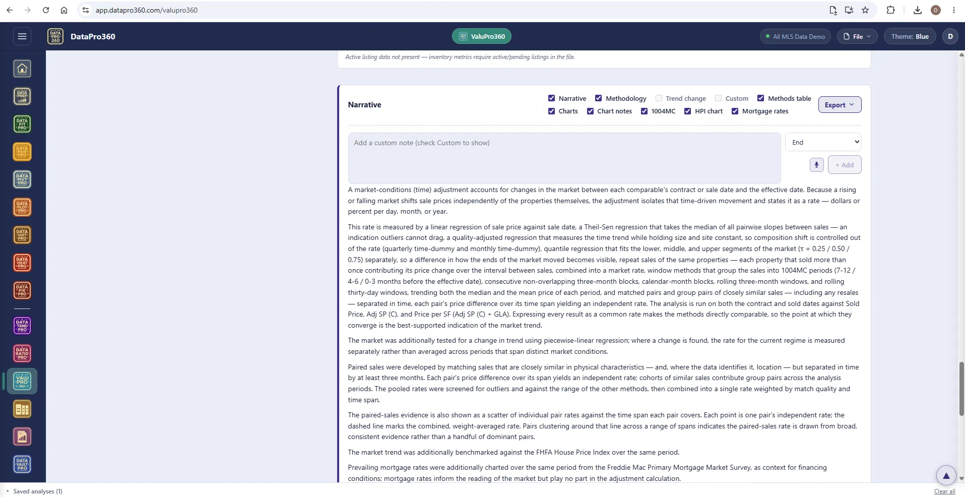 The Narrative panel of the ValuPro360 Time station: layer toggles for narrative, methodology, trend change, custom notes, methods table, charts, chart notes, 1004MC, HPI chart and mortgage rates, a custom-note field, and the generated market-conditions narrative describing each method.