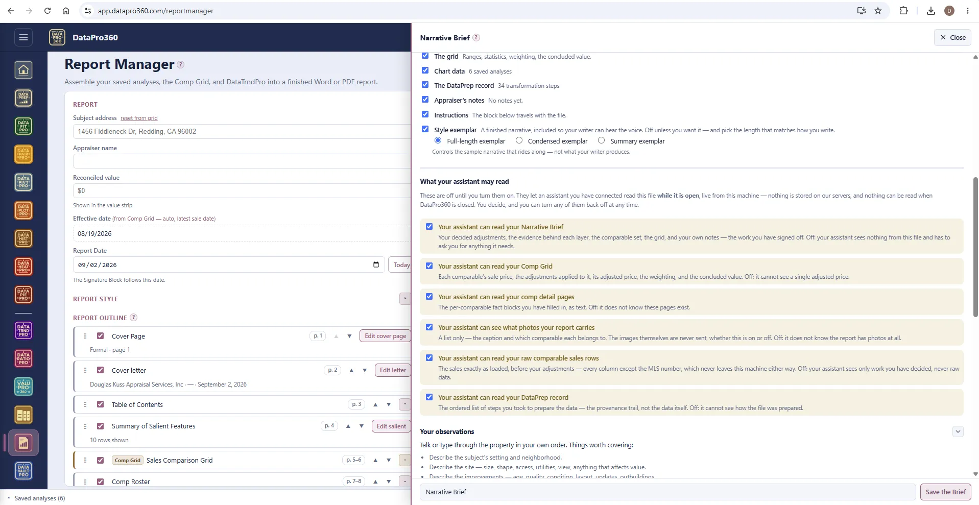 The Narrative Brief panel in Report Manager, at 'What your assistant may read': per-file switches for the Brief, the comp grid, the comp detail pages, the photo list, the raw comparable sales rows, and the DataPrep record — each off until turned on, readable only while the file is open.