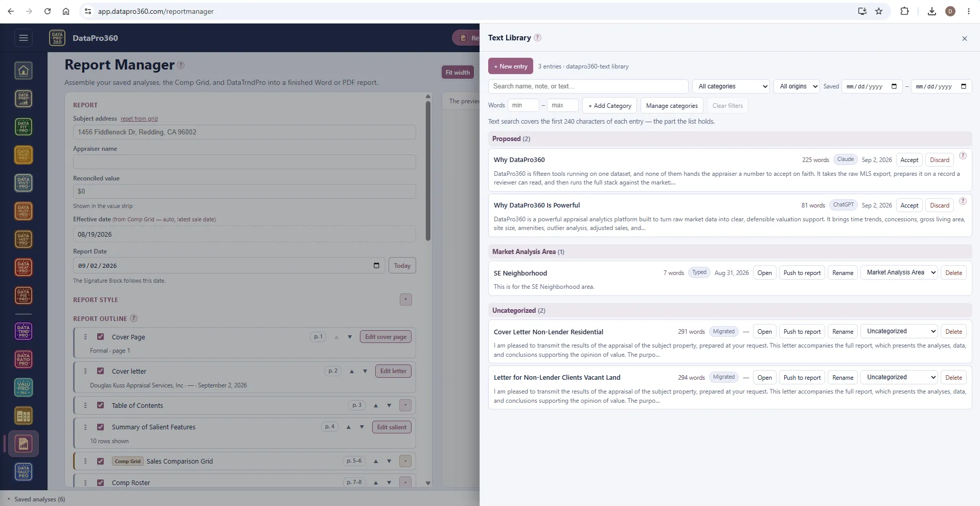 The Text Library panel in Report Manager: two proposed entries — one from Claude, one from ChatGPT — waiting on the review shelf with Accept and Discard, above typed and migrated entries filed by category.