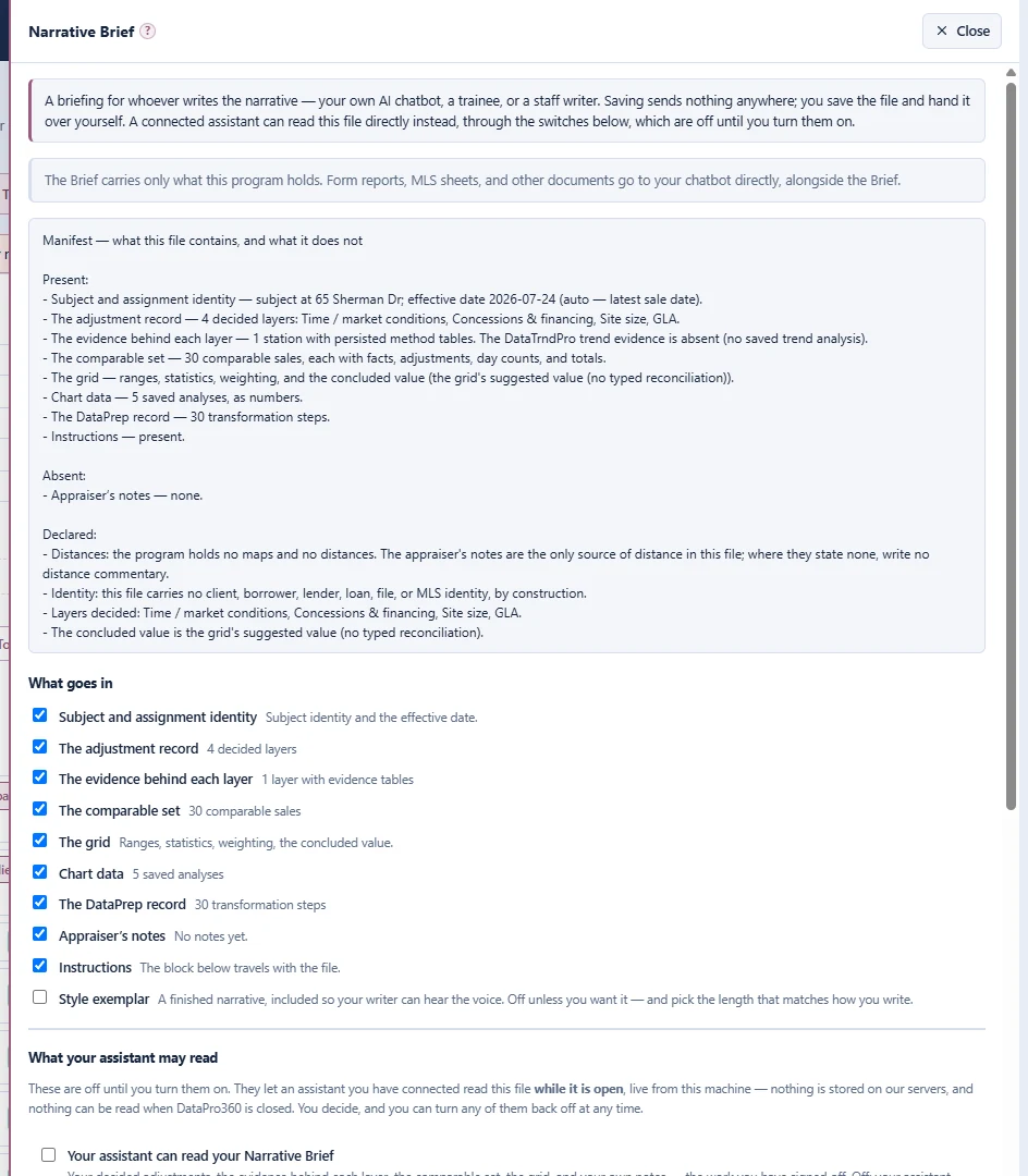 The Narrative Brief panel: the manifest naming what the file contains, and beneath it the heading 'What your assistant may read' — switches that are off until you turn them on, answered live from this machine with nothing stored on a server.