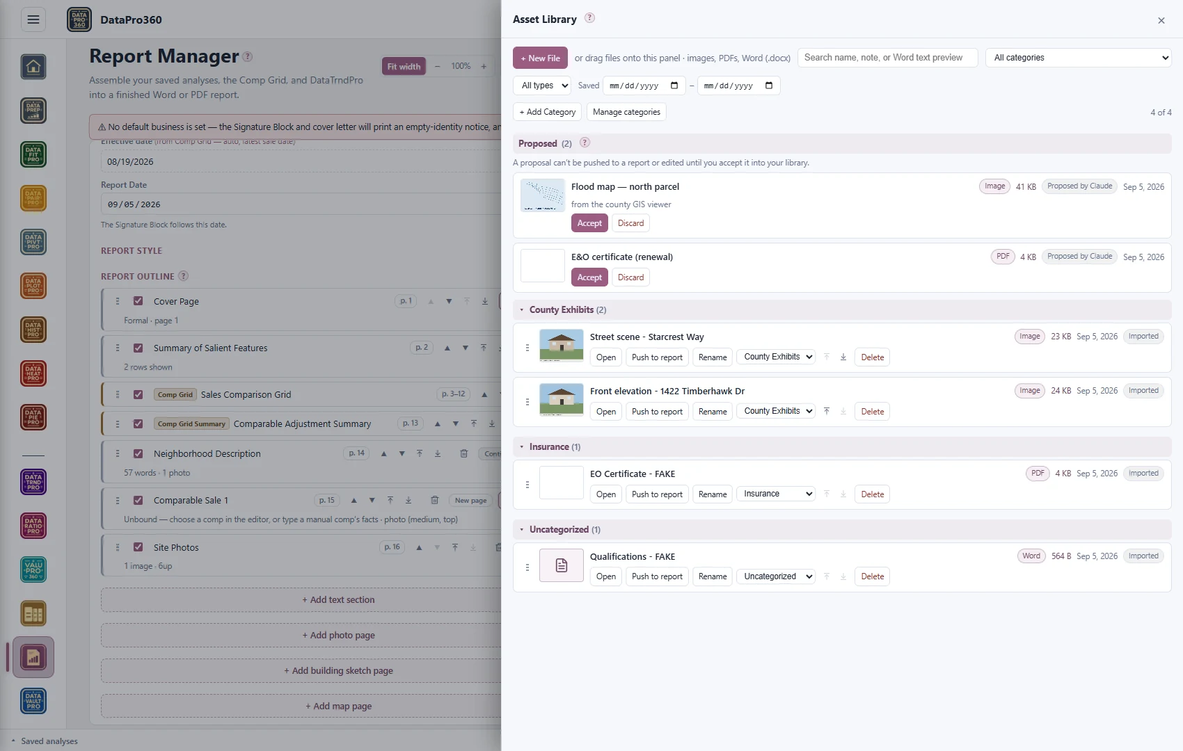 The Asset Library's review shelf with two files proposed by a connected assistant — a flood map and a certificate — each waiting on the appraiser's Accept or Discard, above the note that a proposal cannot be pushed to a report or edited until it is accepted.