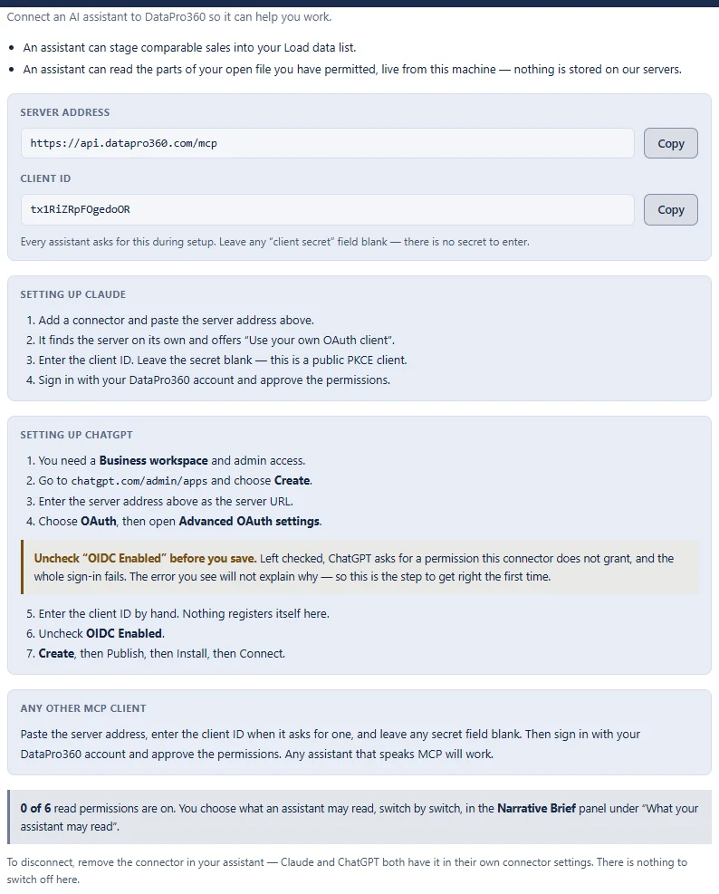 The Connections card in Settings: the server address and client ID with copy buttons, the note that there is no secret to enter, the setup steps for Claude and for ChatGPT, and the note that any other assistant that speaks MCP will work.